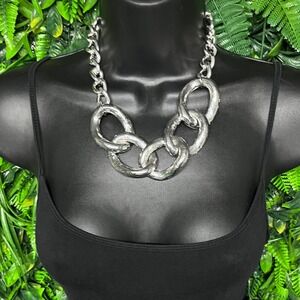 Silver Chunky Statement Necklace Oversized Textured Link Chain Edgy 3746